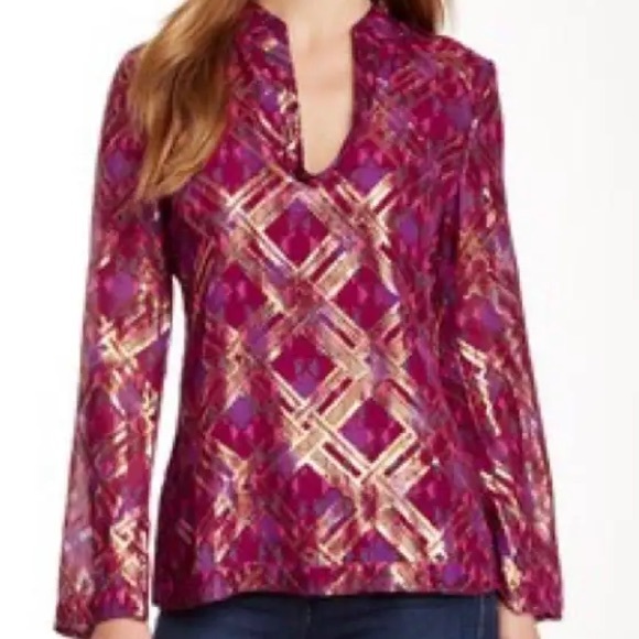 TORY BURCH Silk Chiffon Tunic Top Blouse Maroon Gold Size 4 - Picture 2 of 16